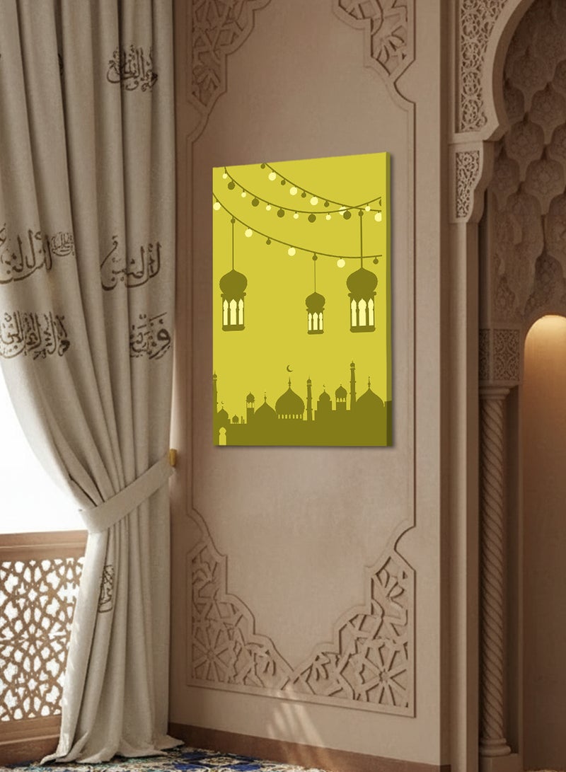 لوحة كانفاس على إطار خشبي بتصميم إسلامي مع زينة وفوانيس رمضان - Image 1